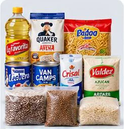 Kit de alimentos con aceite, avena, fideos, atún, sal, azúcar y granos